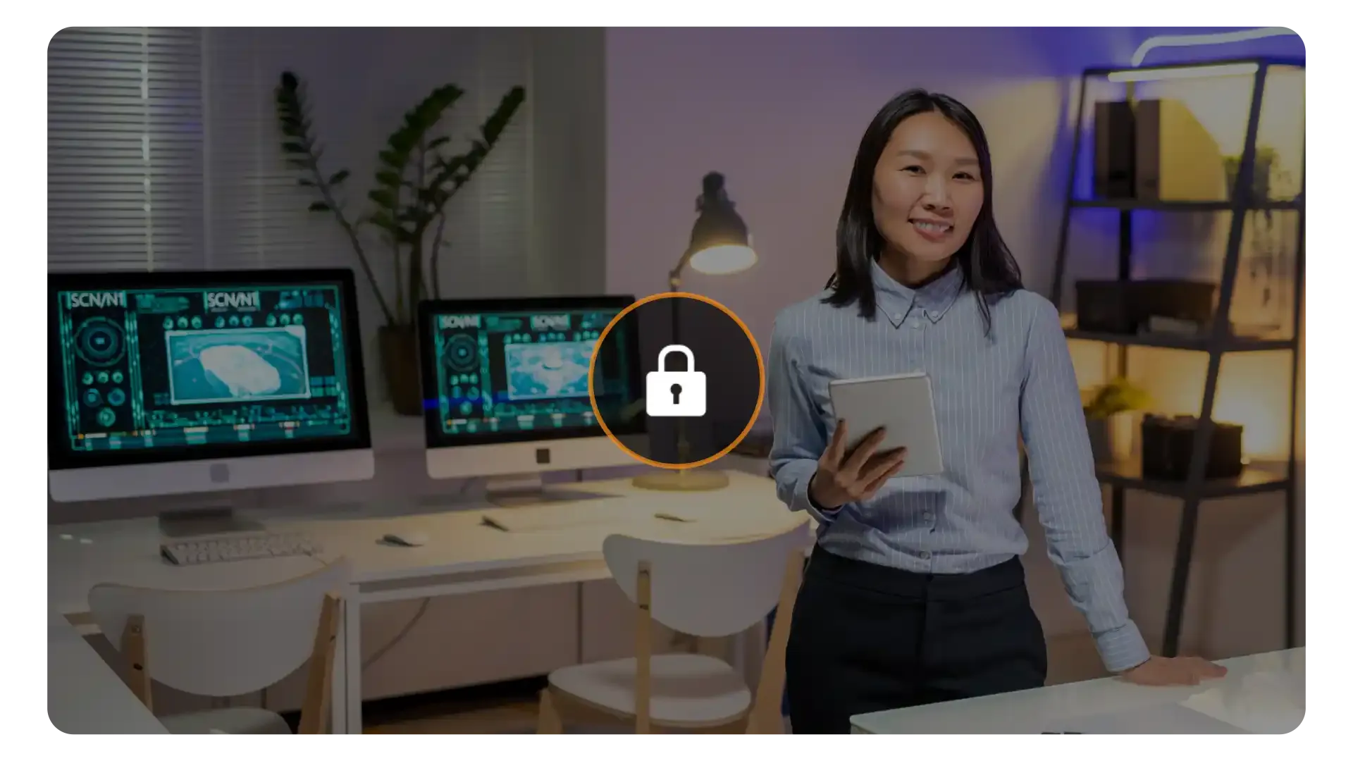 A hosted video with a lock icon on the screen representing robust security through access control.